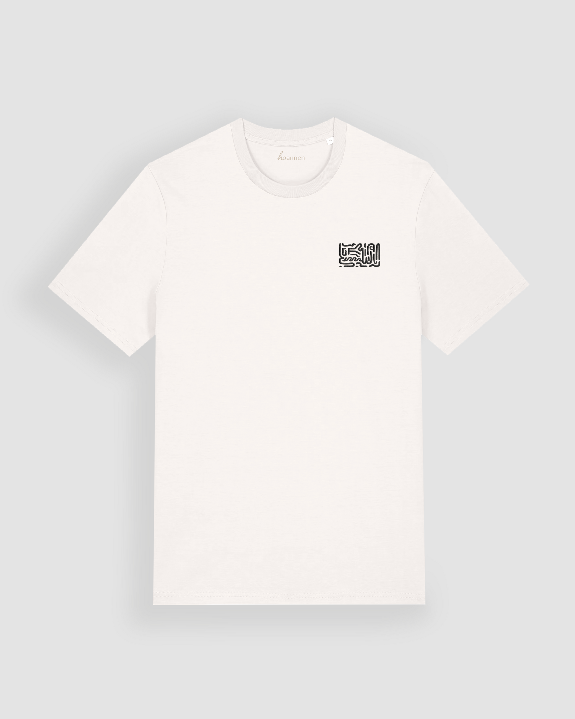 Flat lay of off white regular fit t-shirt with clean embroidery detail on the chest
