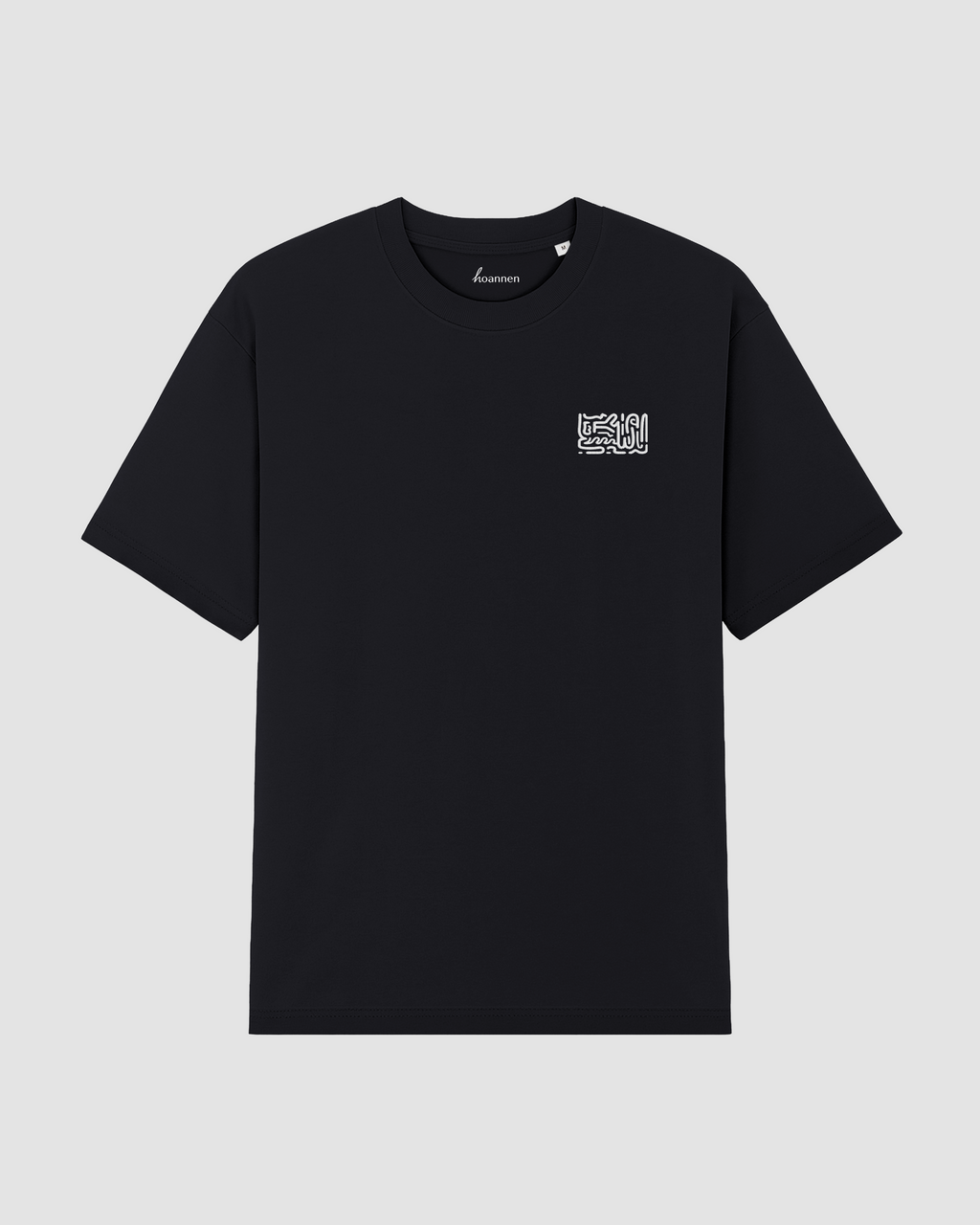 Flat lay of black oversized t-shirt with chest embroidery